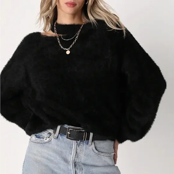 LULUS - Favorite Forecast Black Eyelash Knit Cutout Sweater - Picture 1 of 4